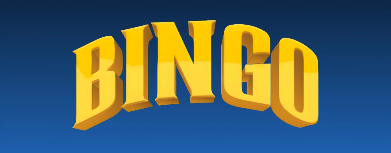 Желтая надпись Бинго на синем горизонтальном фоне для Лото Клуб