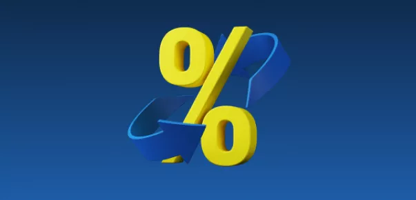 Знак процента желтый на синем, круговые стрелки Лото Клуб