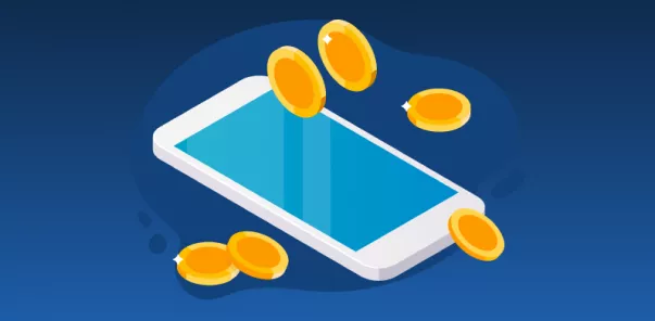 Мобильный телефон с золотыми монетами для Лото Клуб на синем фоне